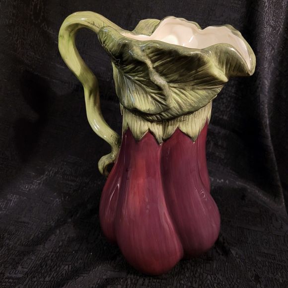 Kaldun & Bogle Ceramic Majolica Aubergine Eggplant Pitcher Jug Purple Green EUC - Picture 3 of 11